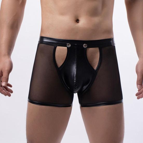 Sexy Herren-Unterhose, leicht zu öffnen, hohl, niedrige Taille, durchsichtiges Netz, Kunstleder, Patchwork, dünn, weich, atmungsaktiv, Boxershorts für Männer