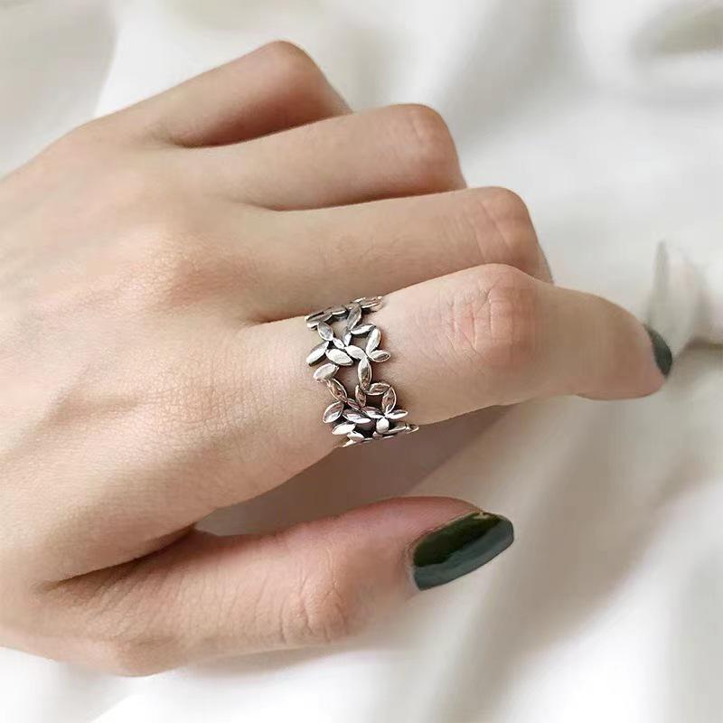 Chao Xiaobai 925 Sterling Silver Retro Olive Leaf Open Ring for Women