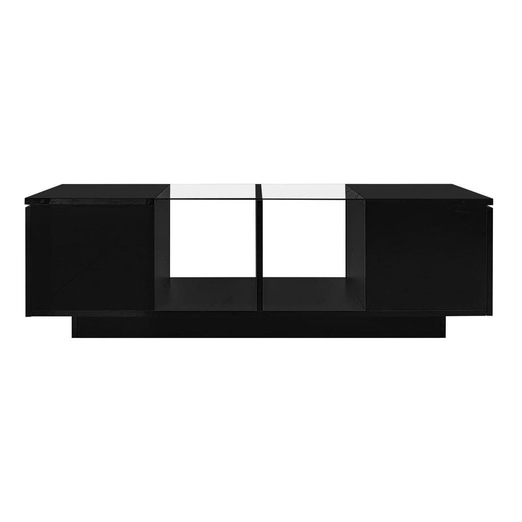 Coffee Table, LED Living Room Table with Storage Space, High-gloss Table with Glass Shelf, Modern Sofa Table with Two Doors
