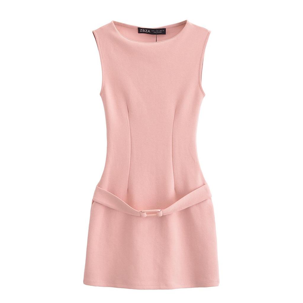 2025 Spring Women's Slim Sleeveless Belted Dress - European & American Style