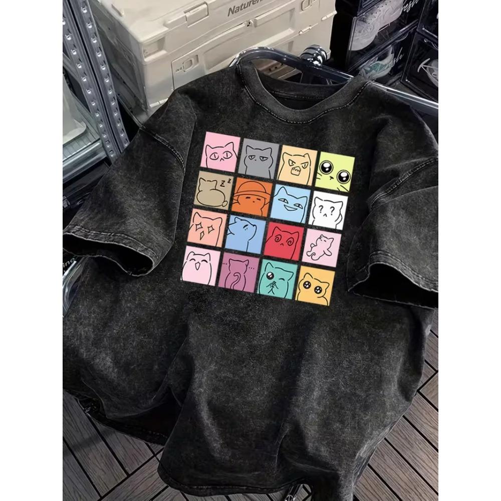 T-shirt Unisex con Stampa Gatto Acquerello Festa del Tè Girocollo Oversize Maglietta Casual Comoda Streetwear