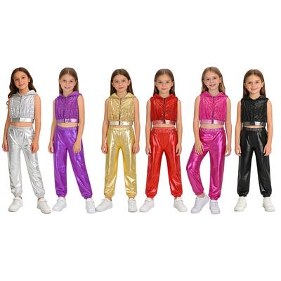 Sada na taneční vystoupení pro dívky: Crop top s kapucí a předním zipem se třpytivými flitry a metalické kalhoty s elastickým pasem pro Hip-Hop Jazz