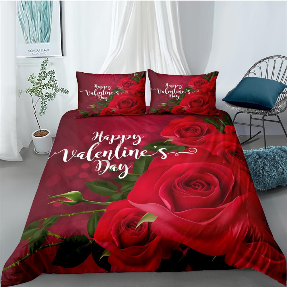 Red Rose King Queen Duvet Cover Valentine's Day Wedding Couple Flower Bedding Set 2/3Pcs Love Heart Floral Polyester Quilt Cover