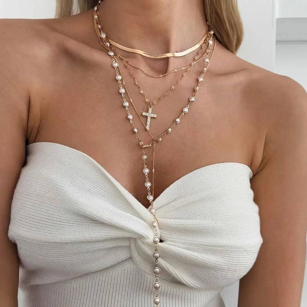 IngeSight.Z 5Pcs/Set Vintage Gold Color Cross Pendant Necklace Trend Imitation Pearl Rhinestone Choker Neck Accessory Jewelry