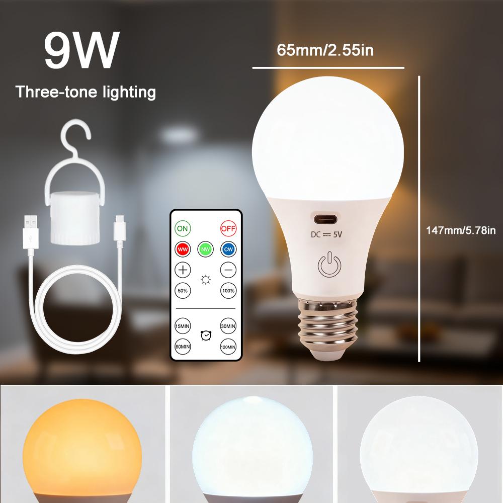 RGB/3 color USB Led Bulb Rechargeable Light Bulb Smart Bulb Dimmable E27 Bulbs with Timing Cordless Battery Operated Light Bulb