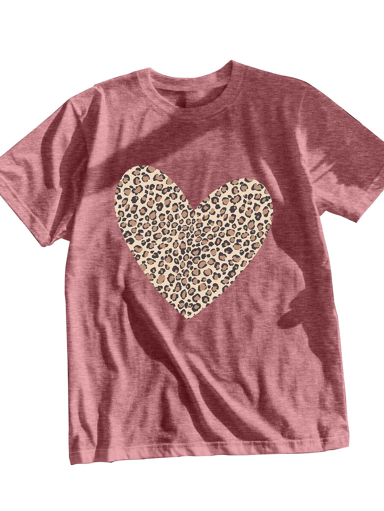 Женская повседневная футболка с леопардовым принтом в форме сердца - Круглый вырез, Короткий рукав L персиковый