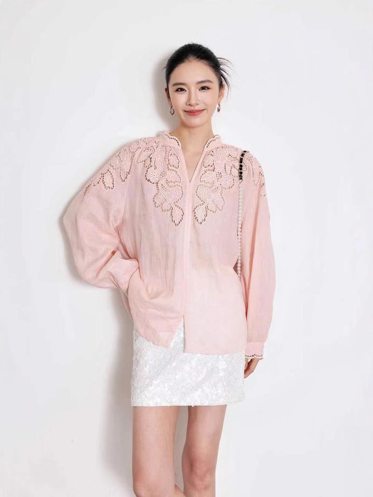 Nanyou 2026 Spring French Style Lace Embroidered Loose Shirt