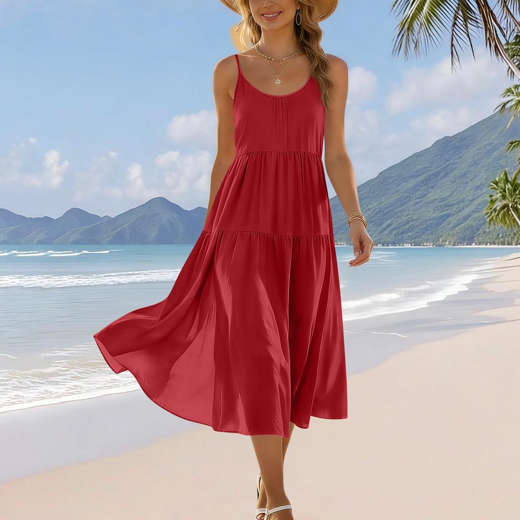 Zomerjurk voor dames, mouwloos, met verstelbare bandjes, bohemien, midi, met zakken, voor strandvakantie, casual kleding