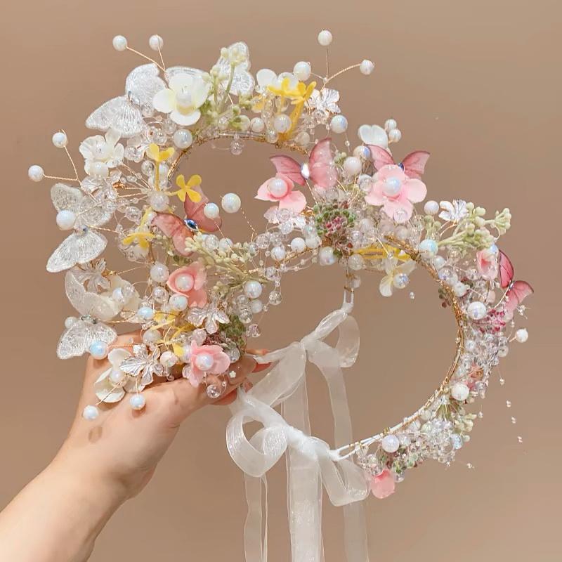 Elegant Pearl Butterfly Bridal Wreath Headband For Girl Wedding Party Hairbands Princess Flower Hair Band Jewelry Accessories