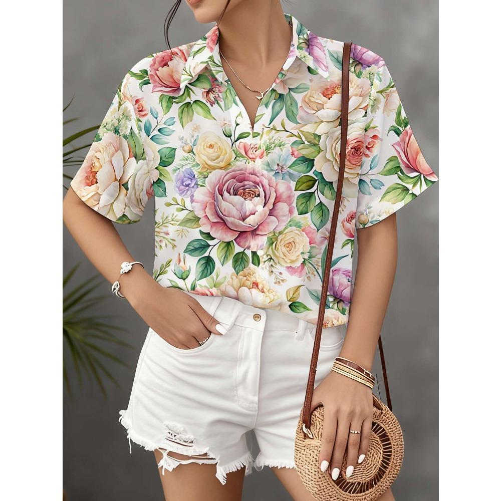 Women S Casual Short Sleeve Shirt with Pink Soft Floral Cluster Leaves Full Print S