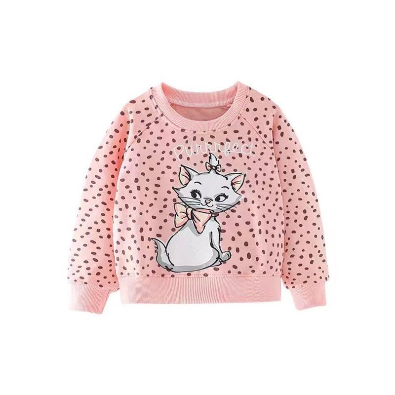 Girls' Polka-Dot Cat Long-Sleeved Sweatshirt Baby Autumn and Winter Clothing Infant and Toddler Round Neck Pullover Bottoming Shirt Top