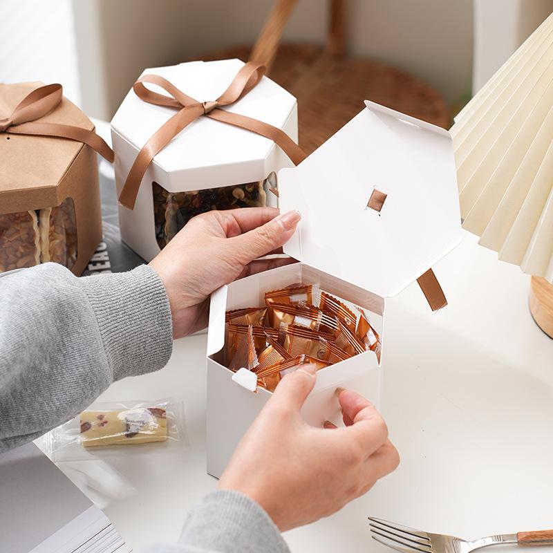 10 Pezzi Scatole per Torta Sacchetti di Carta Confezionamento Scatole Esagonali per Caramelle con Finestra Trasparente in PVC Scatola Regalo di Compleanno Confezioni per Dolci