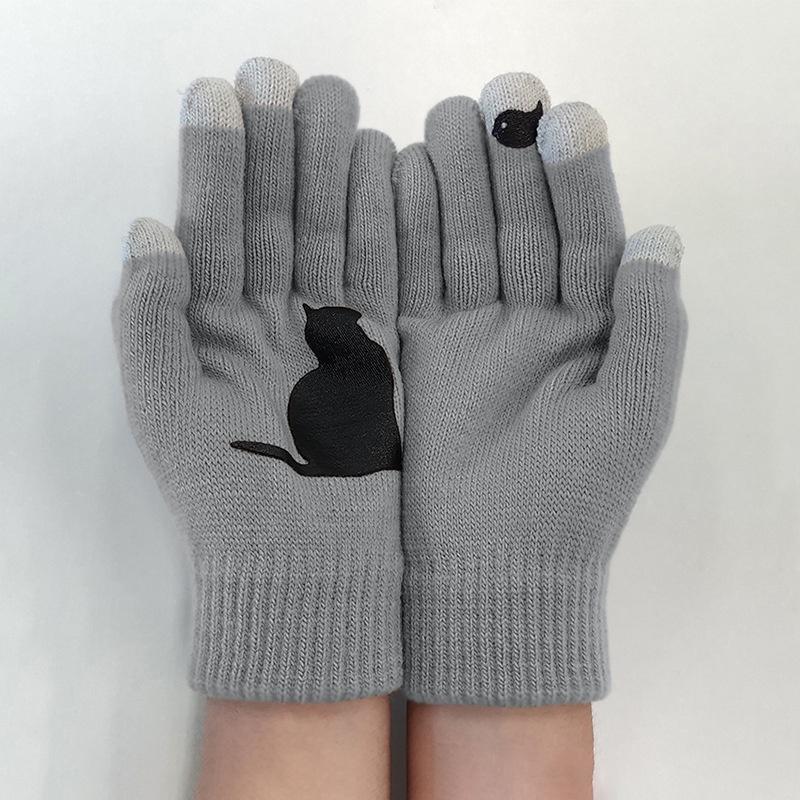 

Knitted Warm Women Gloves Winter Full Finger Screen Touch Cat Bird Mitten Print сірий колір