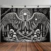 Dunkles Totenkopf-Engel-Pentagramm-Wandteppich Schwarz-Weiß Gotischer Ritualdruck Hängendes Tuch Raumdekoration