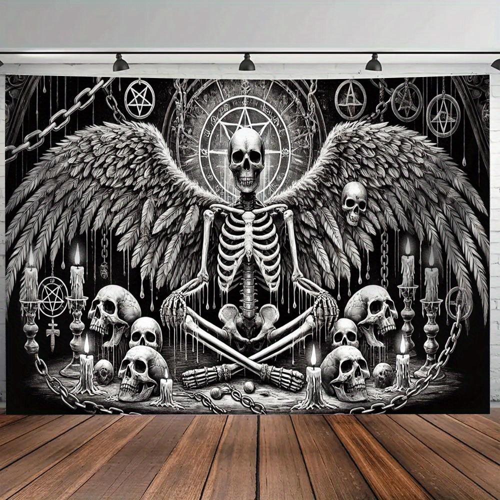 Dark Skull Angel Pentagram Tapestry Black and White Gothic Ritual Print Hanging Cloth Room Decoration