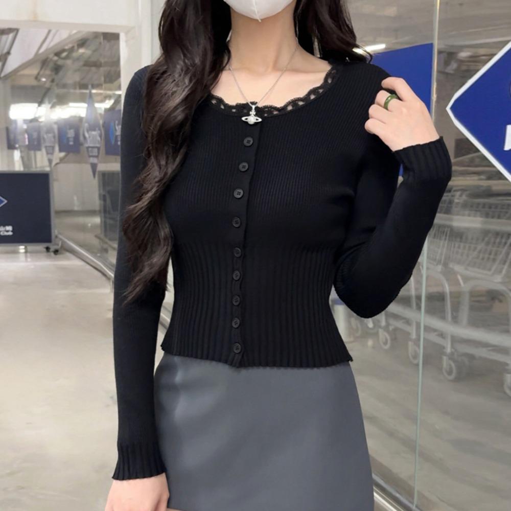 Sweet and Cool Lace Patchwork Round-neck Button Cardigan Long-sleeved Sweater for Women's Autumn Slim-fit Knitted Top