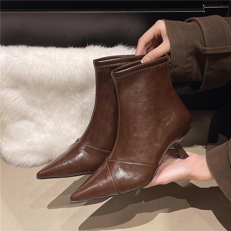 Skinny Heel Booties Fashion Pointed Toe Spliced Rear Zipper Soft Sole Anti-Slip Wear-Resistant Skinny Boots
