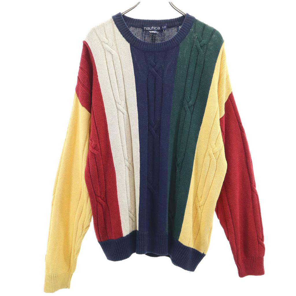 NAUTICA COMPETITION 90s Old Linen Blend Striped Pattern Long sleeve knit Men's Used