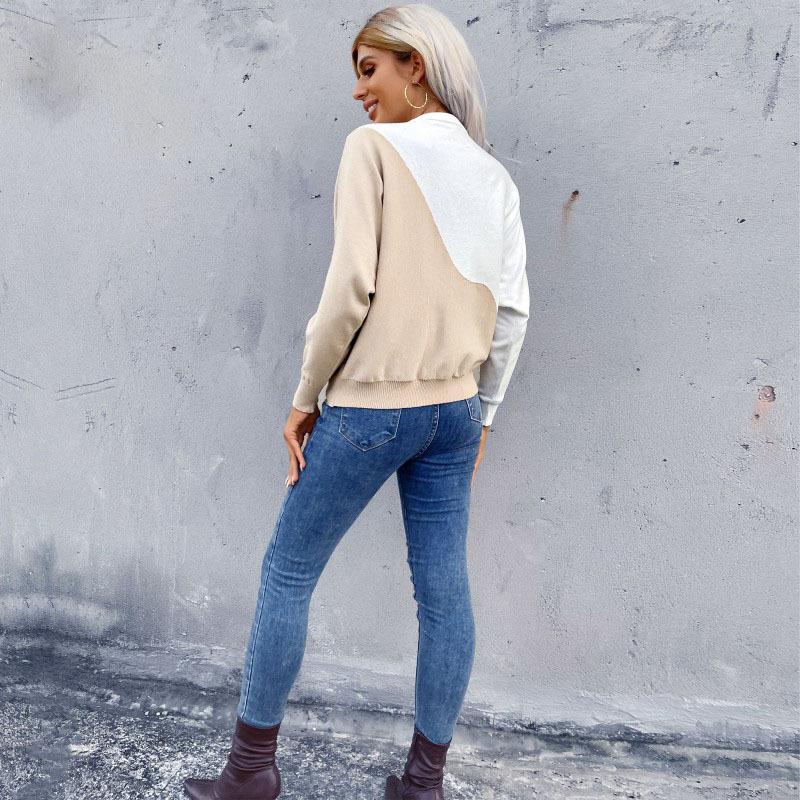 Vintage Fashion Elegant Casual Autumn Color Blocking Round Neck Long Sleeve Pullover Thin Knitted Sweater Women