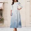 Women Plus Size Round Neck Keyhole 3 4 Sleeve Abstract Floral Gradient Print Maxi Dress