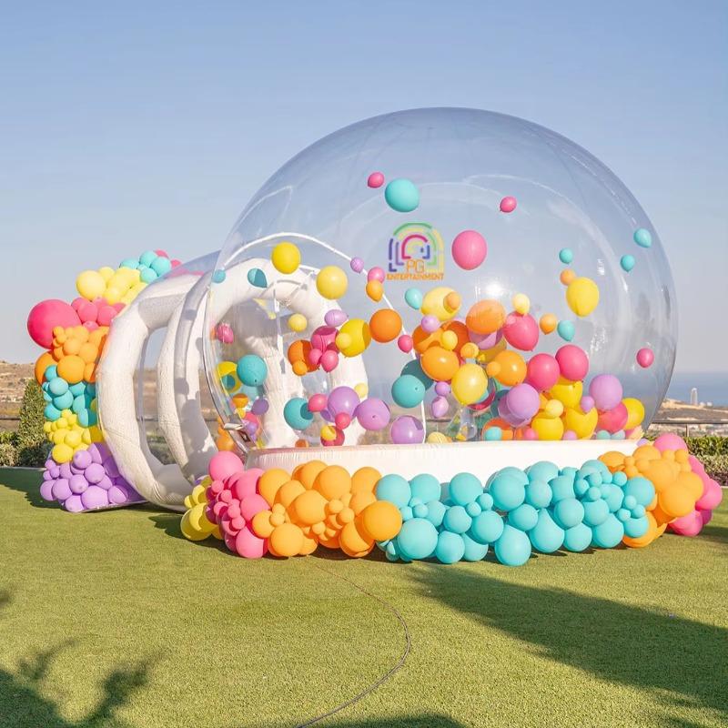 Speciální nabídka: Průhledný kopulovitý nafukovací bublinový stan s balónky - Venkovský nafukovací glamping pro narozeninové oslavy, edice 2025