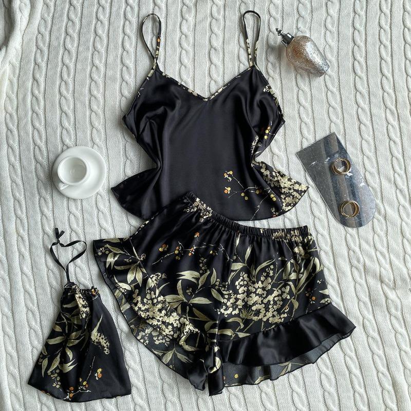 Suspender Women's Four-season Loungewear Lace-up Nightgown Nightdress Two-piece Set, Thin Outer Wear Medium and Long Pajama Set