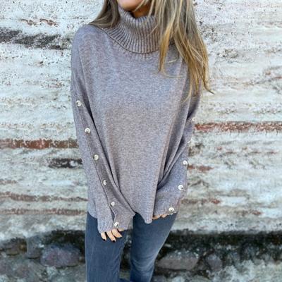 Yousheng Damen Pullover Rollkragen Langarm Gerippter Saum Strickoberteile Einfarbige Lockerer Saum Knöpfe Dekoration Strickwaren