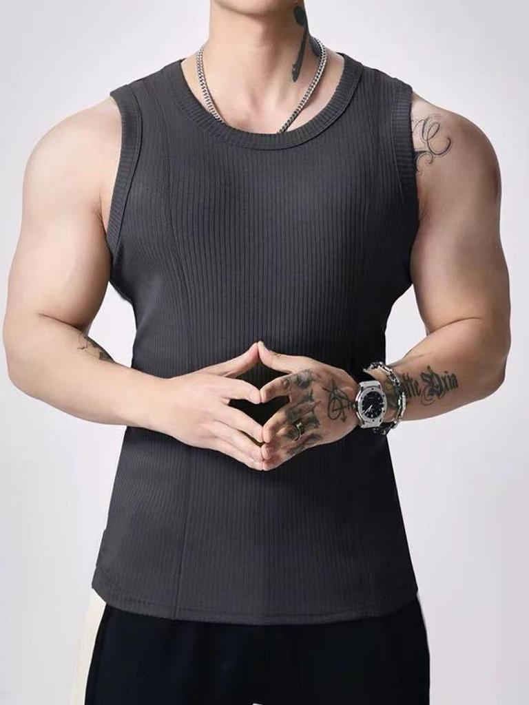 American Style Men's Ribbed Fitness Tank Top: Breathable, Solid Color Y-Back Base Layer Outerwear.