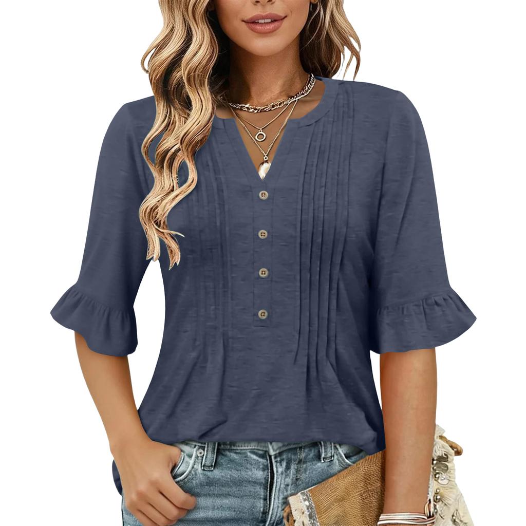 Women's Fashion Casual V-Neck Button-Front Pleated T-Shirt With Short Sleeves In Solid Color