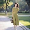 Elegant Olive Green Knitted Sweater and Midi Skirt Set for Mature Women