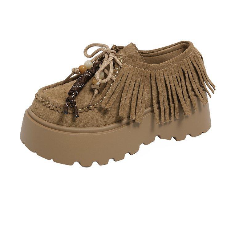 European 2025 new matte leather thick-soled heightening muffin tassel lace casual women's loafers small single shoes