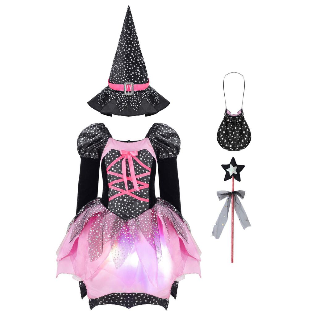 4Pcs Kids Girls Halloween Witch Costume Carnival Cosplay Fancy Dress Outfit Long Sleeve Sparkling Dress With Pointed Hat Wand Candy Bag Set
