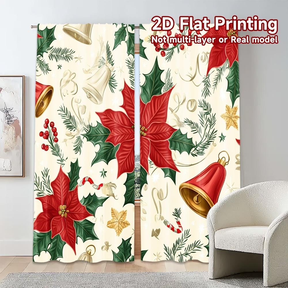 2pcs,Curtains Christmas Bells Poinsettia Holly (2) Popular Curtain Fabric Versatile Durable Polyester Curtains Versatile All Use