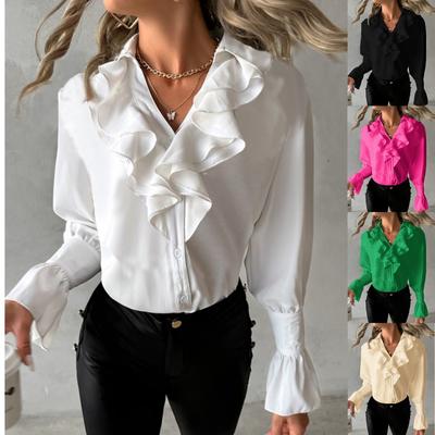 Frauen Große Rüschen Taste Bluse Frühling Herbst Weibliche Lange Flare Ärmel Feste Beiläufige OL Hemd Tops