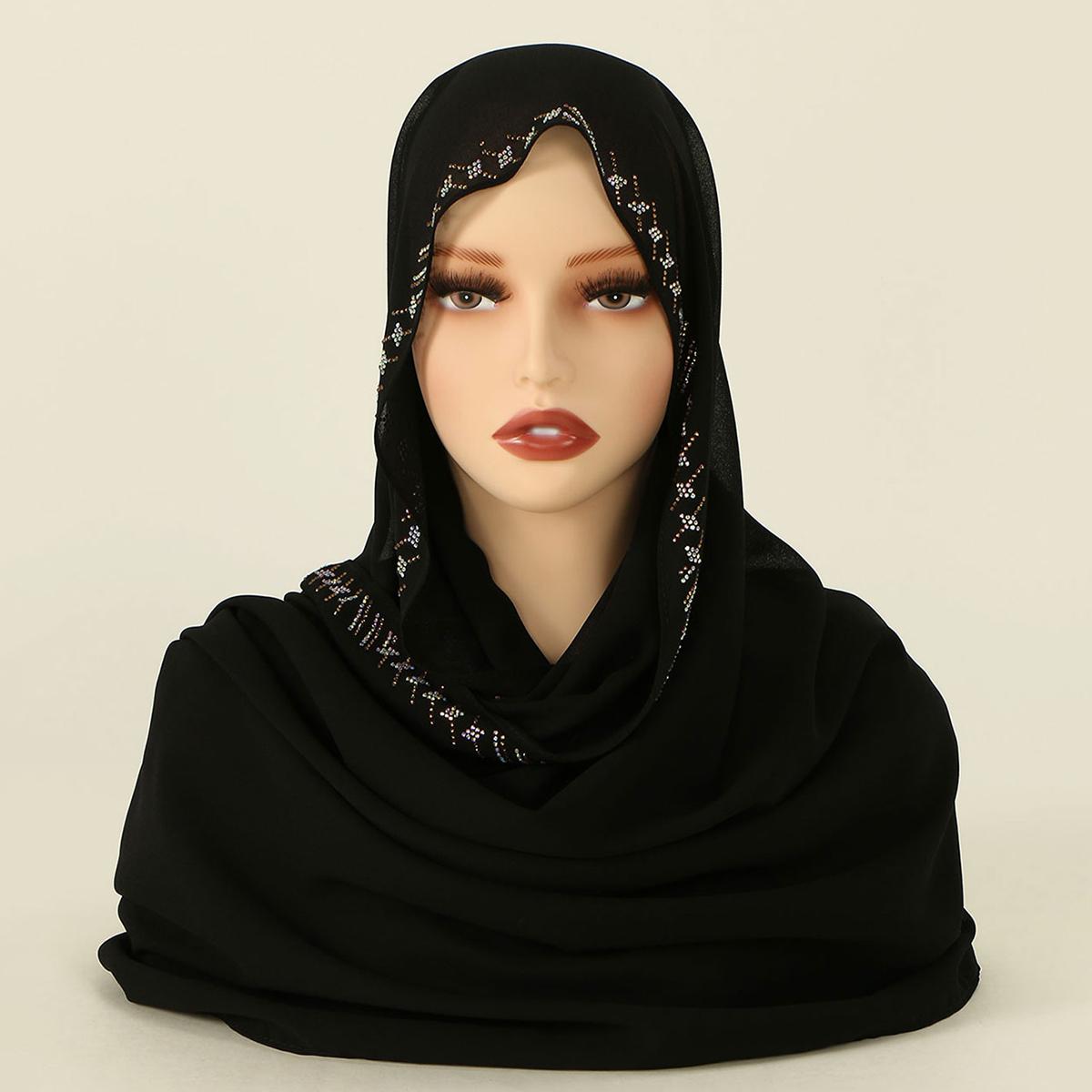 

Шифоновый Хиджаб-Платок Со Стразами Для Женщин Эластичный Шарф-Накидка Однотонная Мусульманская Повязка На Голову Модный Однотонный Длинный Шарф