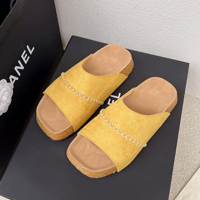Thick-soled Slippers Women's Summer Wear Retro Leather One-word Casual Cool Slippers Slippers B & B