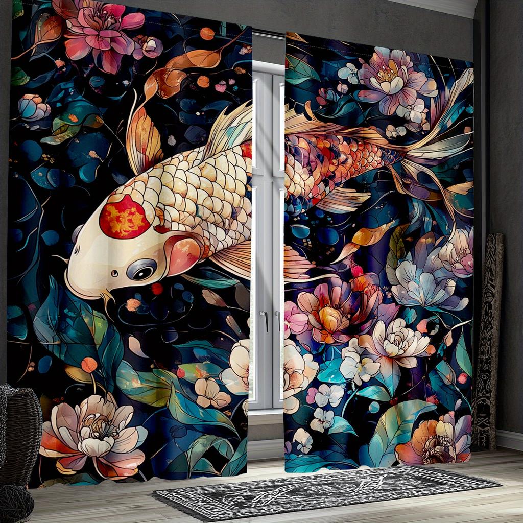 2pcs Black Koi Fish Curtains   Japanese Traditional Cherry Blossom & Lotus Window Drapes for Room