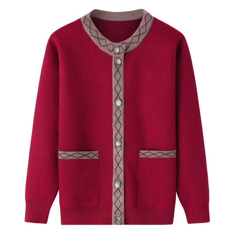 Women's Fleece-Lined Knitted Cardigan for Autumn/Winter - Ideal for Middle-Aged and Elderly.