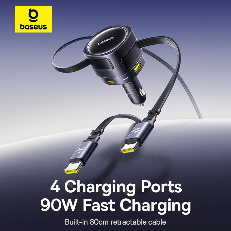 Baseus 90W USB Type-C Car Charger Dual Retractable Cable PD QC SCP AFC PPS Fast Charging For Tablet iPhone Samsung Huawei Xiaomi