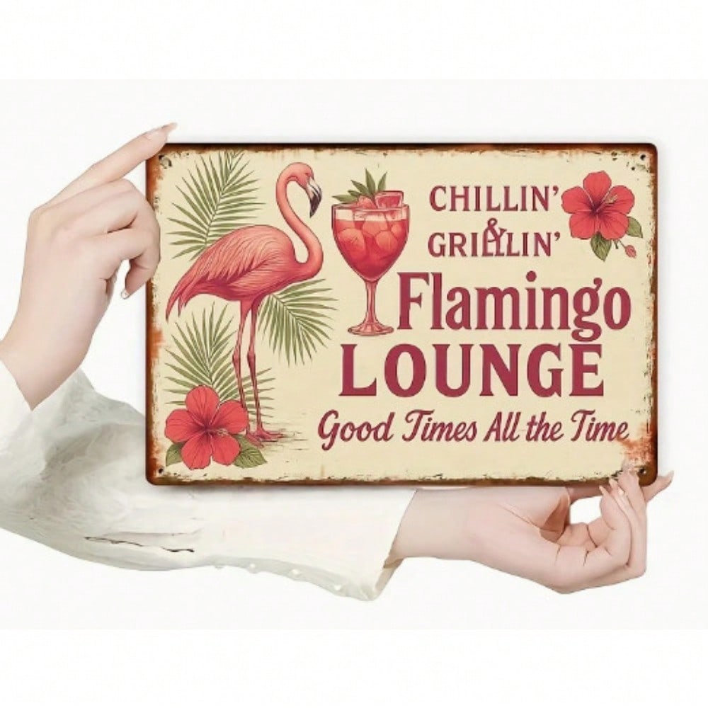 Vintage Flamingo Lounge Kovový znak, 2D tištěná tropická dekorace, Tiki bar Man Cave Retro akcent