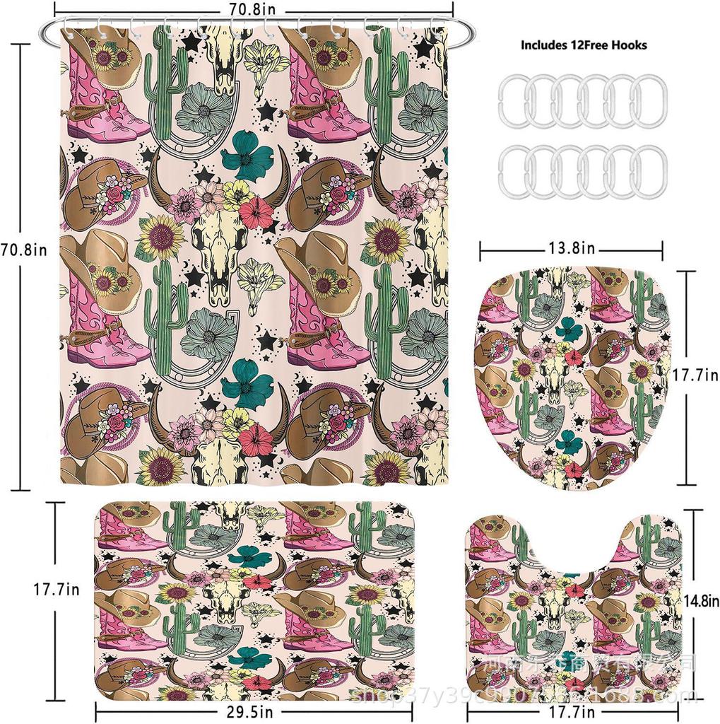 Shower Curtain Set: Cow Bone & Boot Pattern with Waterproof Fabric