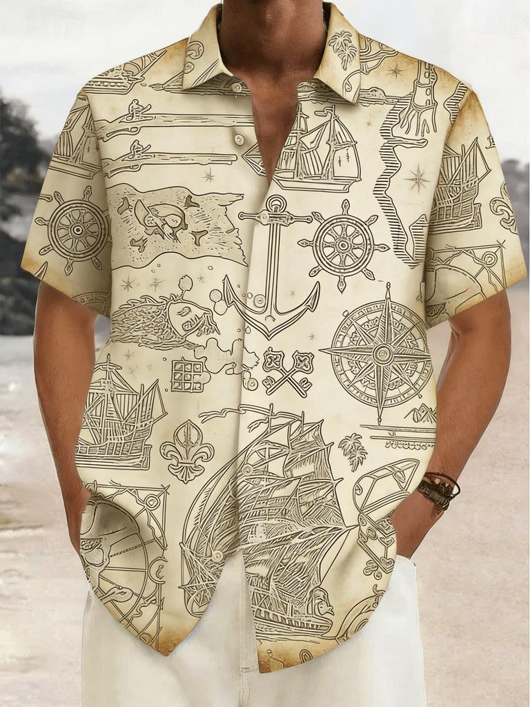 Men's Vintage Nautical Map Print Short Sleeve Shirt, Spring Summer Adventure Vacation Casual Top, Pocket Lapel Style