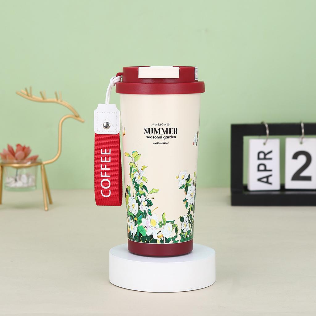 Nová módní nerezová termoska s vysokým vzhledem, dvojitý nápojový šálek na kávu Convallaria s lanem