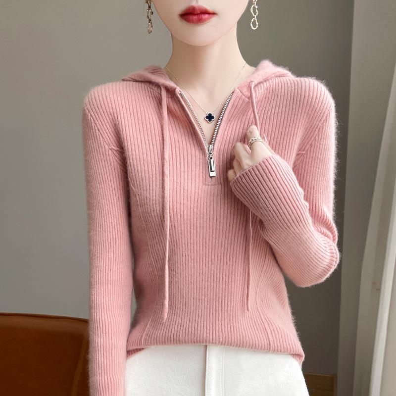 Women's Wool Zipper Hooded Knit Sweater - Casual & Versatile Slim-Fit Ribbed Base Layer for Autumn/Winter
