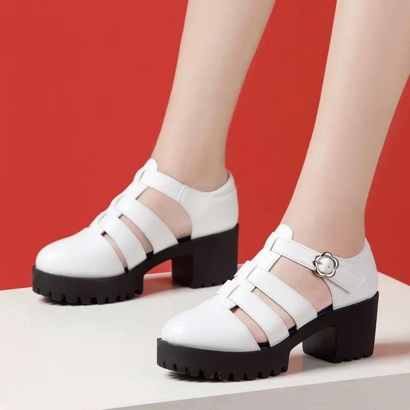 8cm 10cm Size 32-43 Genuine Leather Shoes Chunky Platform Sandals 2025 Block High Heels Sandals Black Office Model Mom