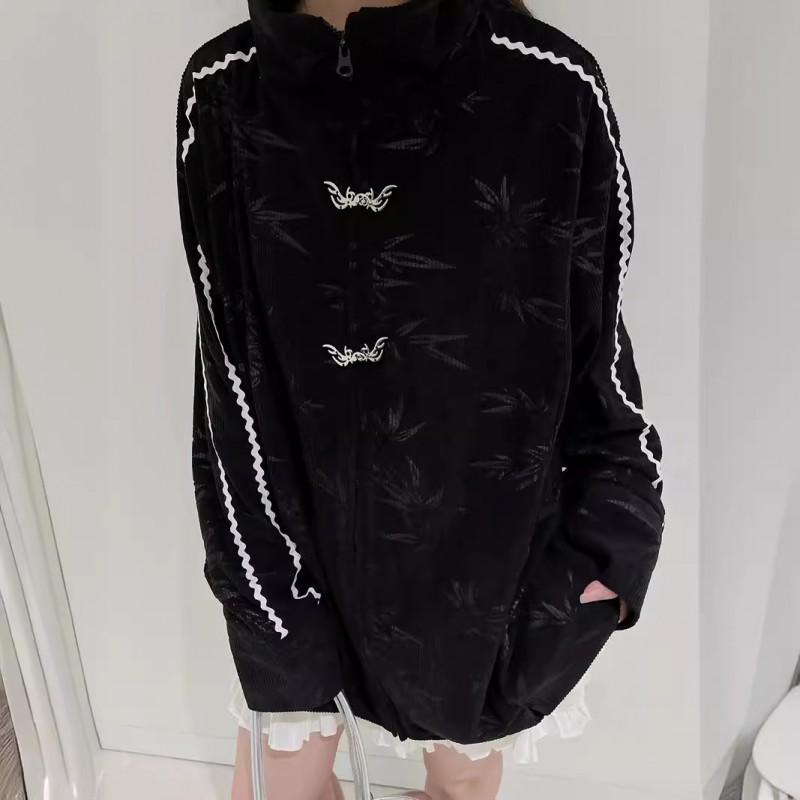Unisex Oversized Cotton Blend Printed Jacket With Bamboo Leaf Stand Collar Zip Front Loose Fit Fall