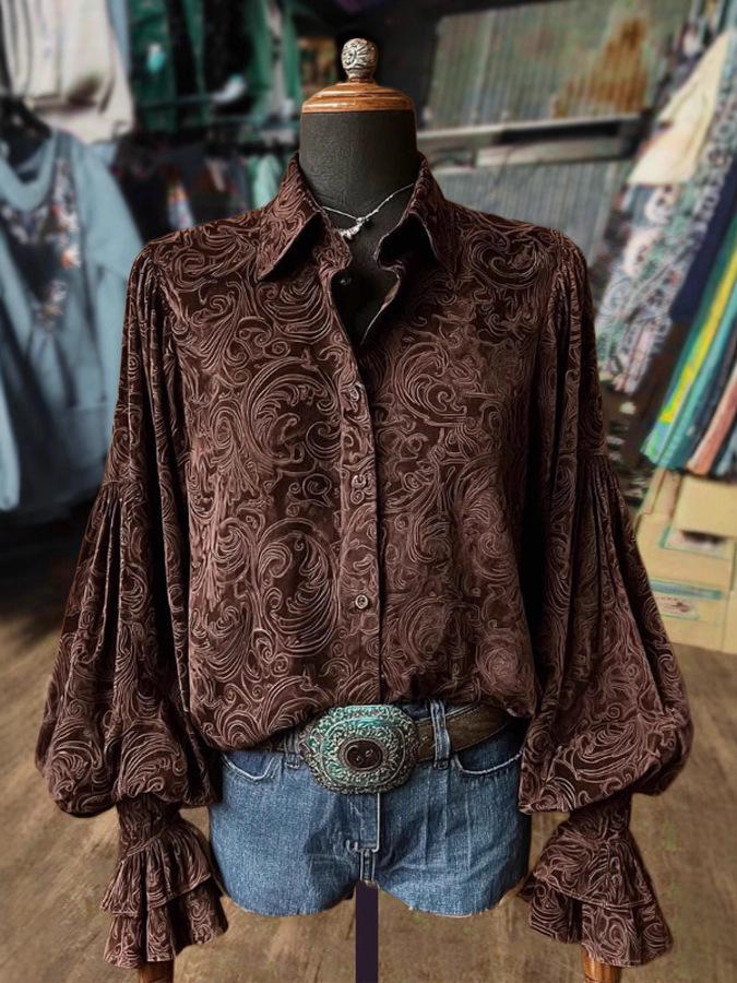 3D Pattern Fashionable Women's Long Sleeve Lapel Shirt with Pockets