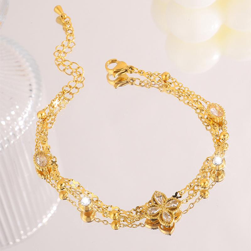 Titanium steel bracelet that does not fade, light luxury four-leaf clover with diamonds, stainless steel bracelet for women, high-end double-layer