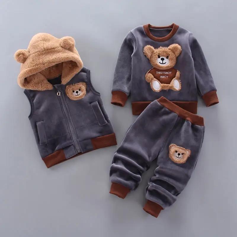 Autumn Winter Baby Boys Clothes Sets Thick Fleece Cartoon Bear Jacket Vest Pants Three Pcs Cotton Sport Suit for Girls Warm Outfits