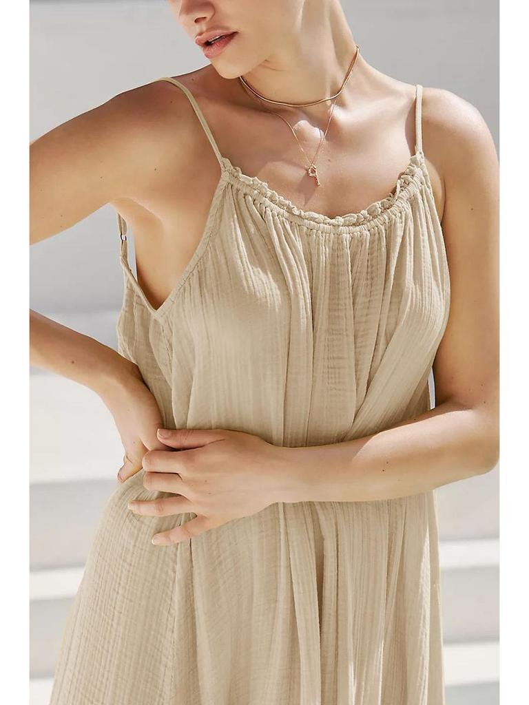 Summer Retro French Tea Break Cotton Camisole Dress - Textured, Skin-Friendly & Versatile Mid-Length with Frill